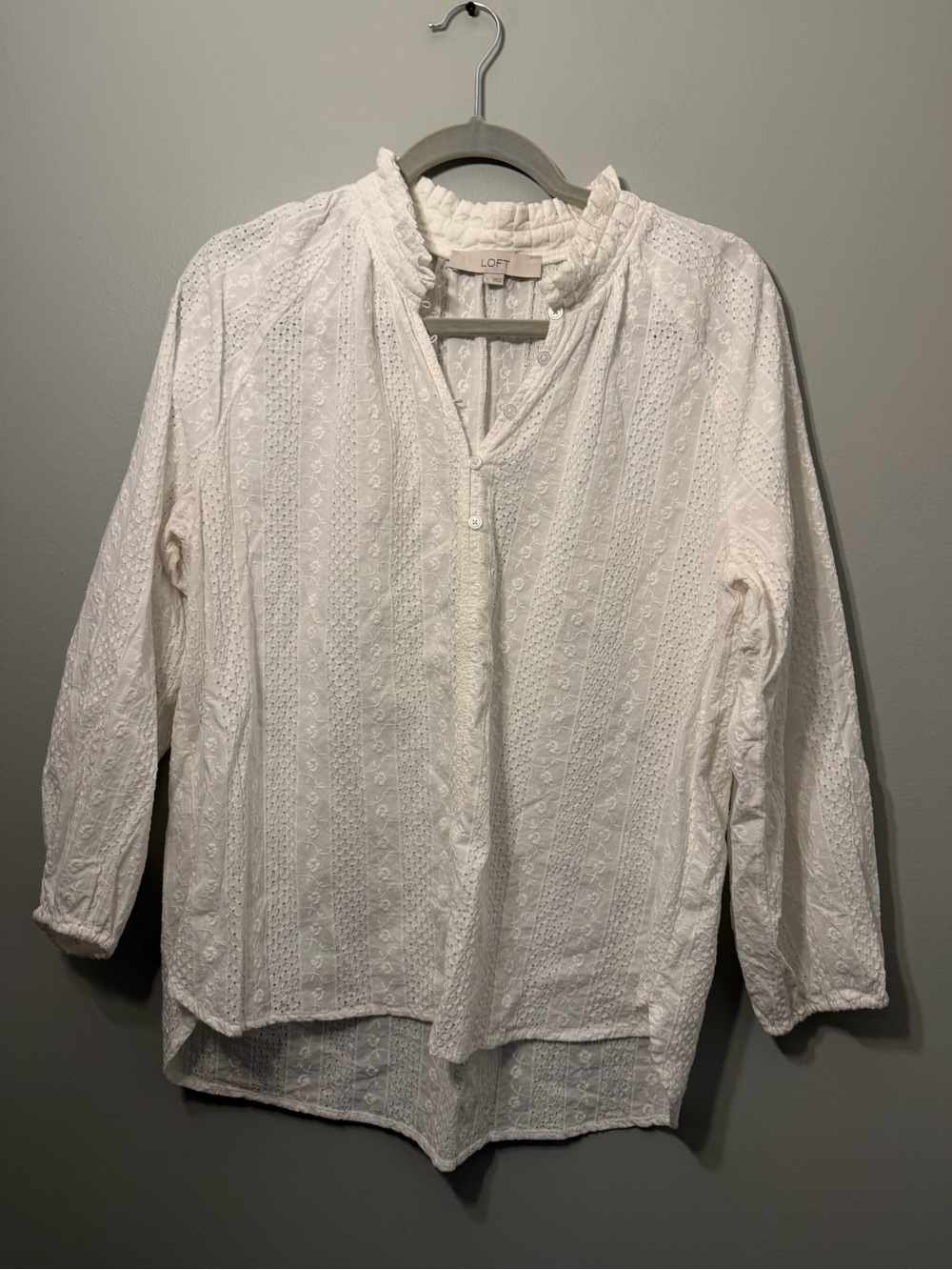LOFT White Eyelet Ruffle-Collar Button-Placket Blouse